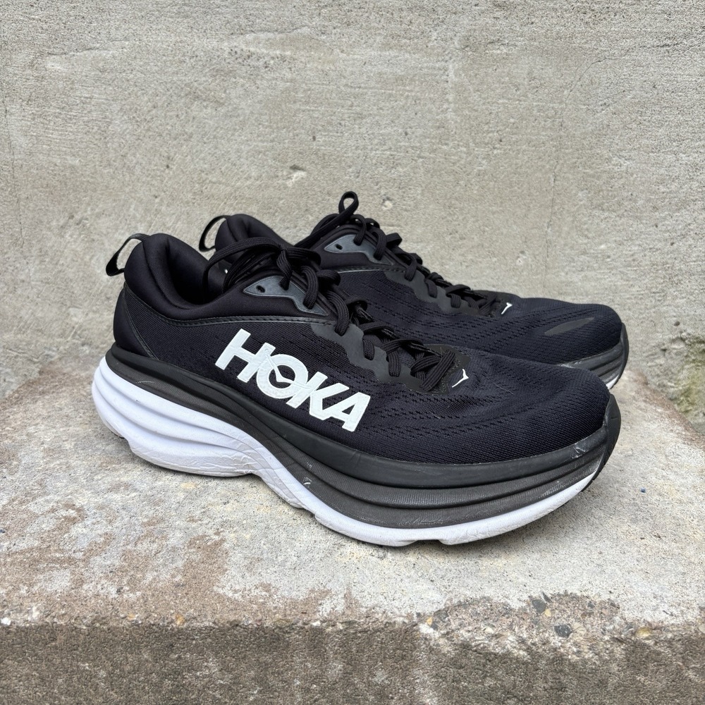 Hoka One One Bondi 8 Womens 10B Running Shoes Sneakers Black White 1127952 BWHT